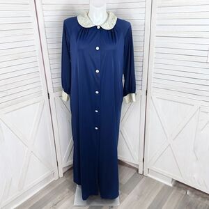 Vintage Shadowline Lace Collar Housecoat Robe Long Sleeve Blue Large